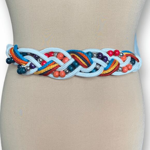 Vintage Bungee Colorful Woven Rope Beaded Belt Hook Closure Boho Statement main image 6